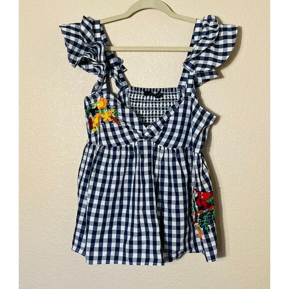 Zara Woman Navy Gingham Embroidered Parrot Babydoll Tank Large - Picture 1 of 9